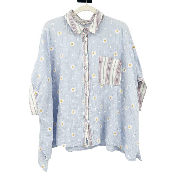 Easel Womens Boho Spring Gauzy Striped Daisy Floral Printed Top Size 1X Blue - Picture 2 of 10